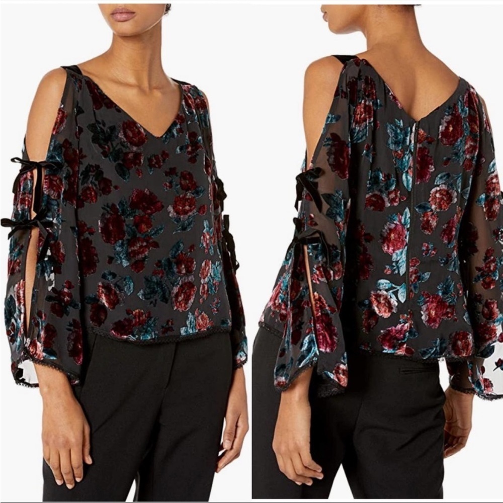 Nanette Lepore Tres Jolie Velvet BlackFloral Cold Shoulder Top